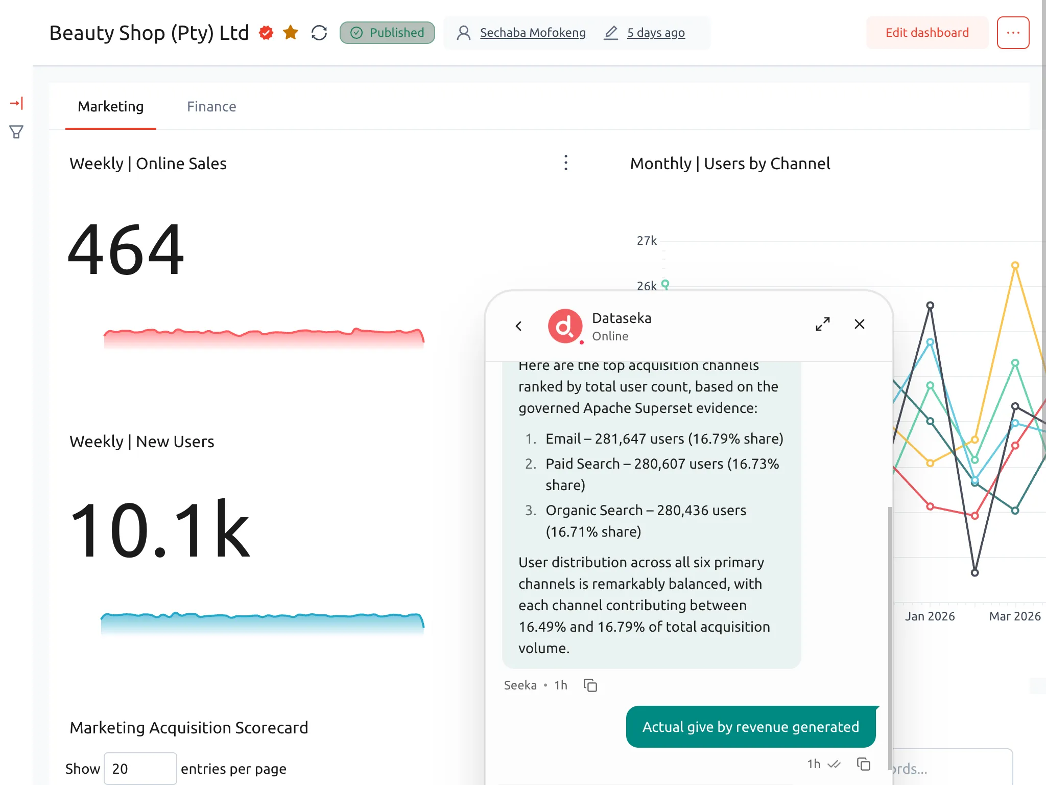 Dataseka dashboard with sales metrics, charts, and Seeka insights